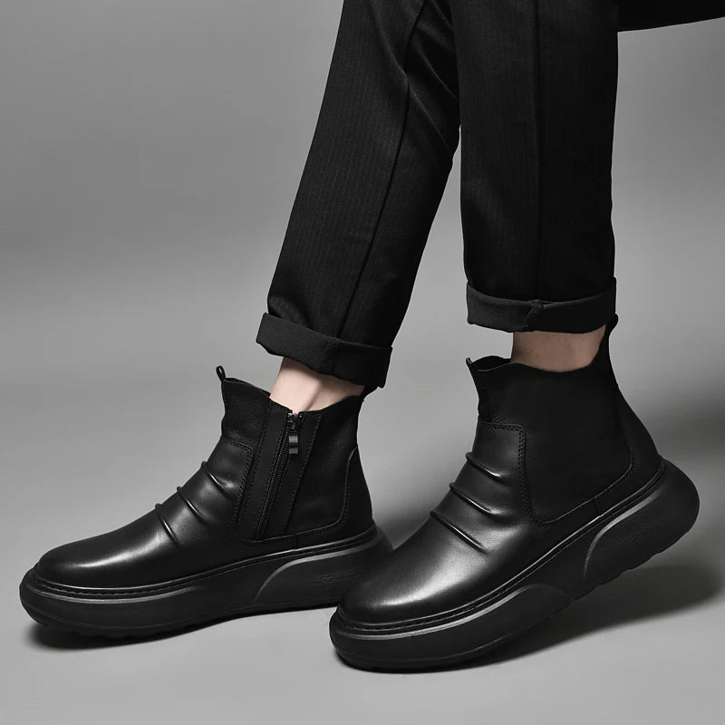 Luxury Brand Male Slip on Chelsea Boots Genuine Leather Mens Warm Winter Shoes High Quality Ankle Boots Men Handmade Snow Boots