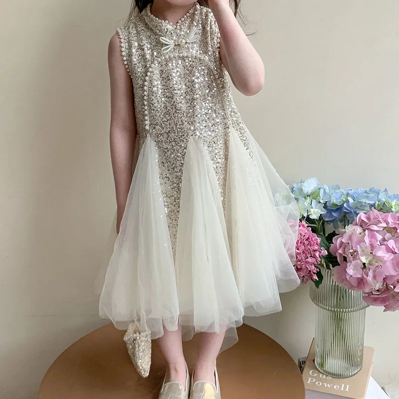 Mesh Sequins Summer Dress Children Clothes Girls Gauze Skirt For Party Evening Birthday Prom Performance Graduation Ceremony