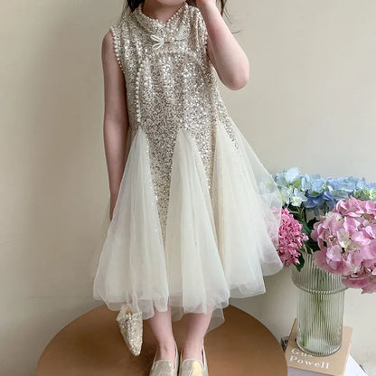 Mesh Sequins Summer Dress Children Clothes Girls Gauze Skirt For Party Evening Birthday Prom Performance Graduation Ceremony