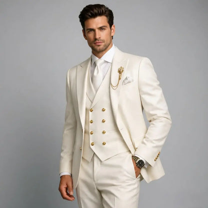 Mens White 3 Pieces Slim Fit Wedding Tuxedo Gold Buttons Peak Lapel Vest Formal Blazer Pants Groom Prom Office Evening Wear