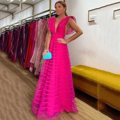 A Line Fuchsia Formal Dresses Pleat Sleeveless Prom Gown for Woman Deep V Neck Wedding Party Dress robe de bal Customized