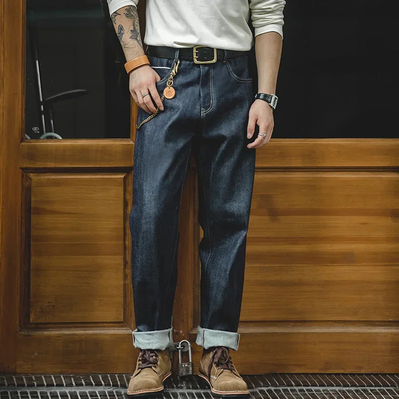 Vintage 13.5oz Heavyweight Denim Jeans Washed Straight Mid Waist Pants Men's Indigo Selvedge Raw Denim Jeans for Autumn