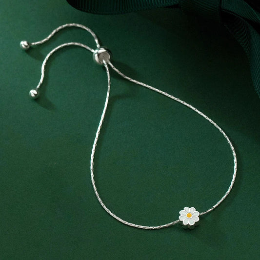 Bracelet de Charms Marguerite en Émail Argent Sterling 925 Véritable Chaîne à Maillons Réglable Porte-Bonheur Pour Femmes Bijoux Fins