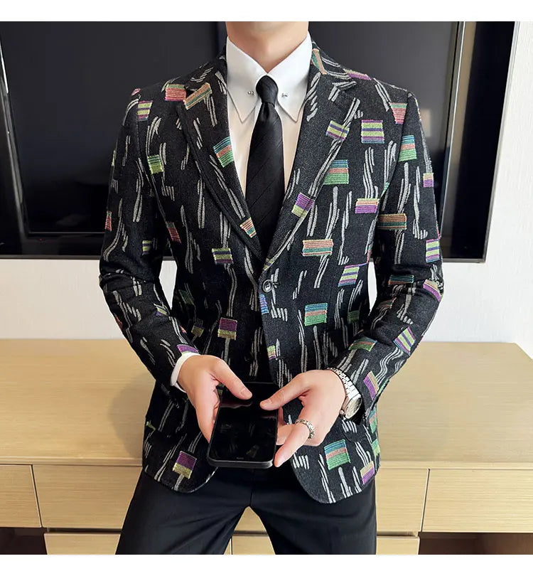 2025 New Luxury Denim Jacquard Suit Coats Men Fashion Slim Fit Suit Casual Business Party Coat Uniform Wedding Social Tailcoat