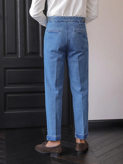 Italian Style Men's High Waist Business Neapolitan Jeans Draped Cuffed Straight Leg Western Pants Youth Trendy Wear Resistant