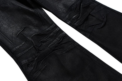 Streetwear Black Glue Coated Boot Cut for Men and Women Straight Baggy Casual Flare Pants Oversized Loose Denim Trousers
