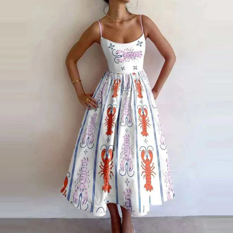 Fashion Women Print Suspenders Blue Ocean Fish Pattern Sexy Long Dress 2025 New Spring Summer Temperament Maxi Dresses