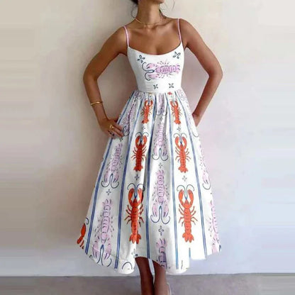 Fashion Women Print Suspenders Blue Ocean Fish Pattern Sexy Long Dress 2025 New Spring Summer Temperament Maxi Dresses