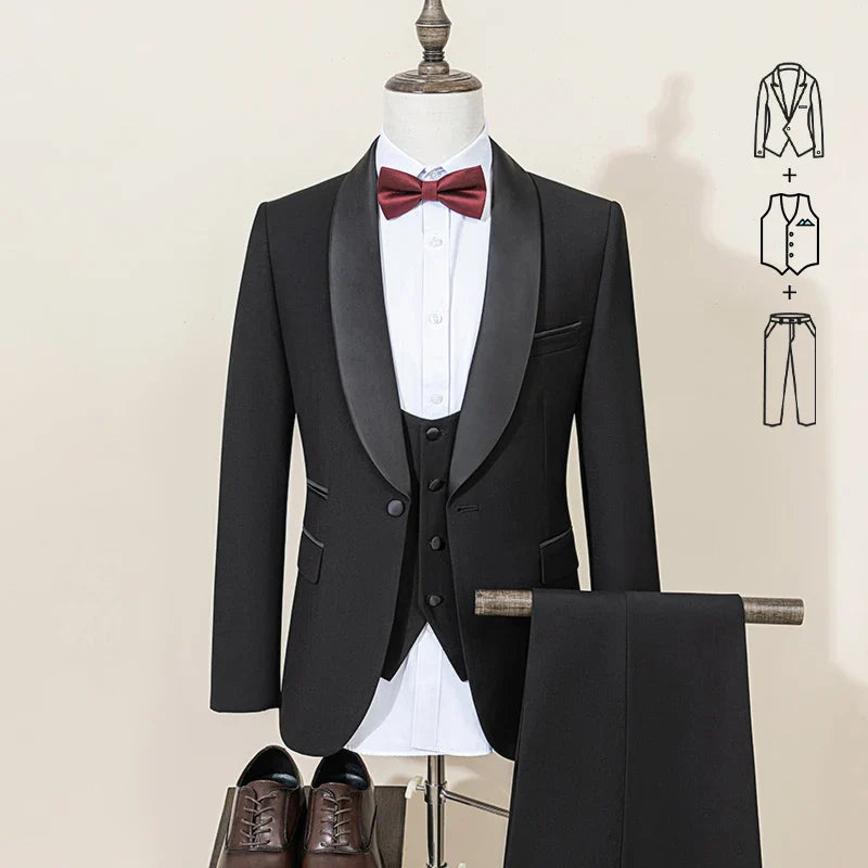 Men's Suit Black Collar Formal Dress Wedding Three-Piece Suit Orthodox Suit Vest Pants