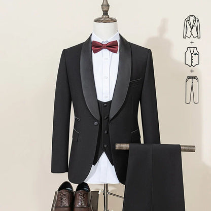 Men's Suit Black Collar Formal Dress Wedding Three-Piece Suit Orthodox Suit Vest Pants