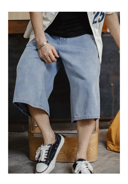 Men's American Retro Ice Blue Washed Denim Shorts Straight A Line Seven Inch Pants Vintage Workwear Loose Summer Trousers