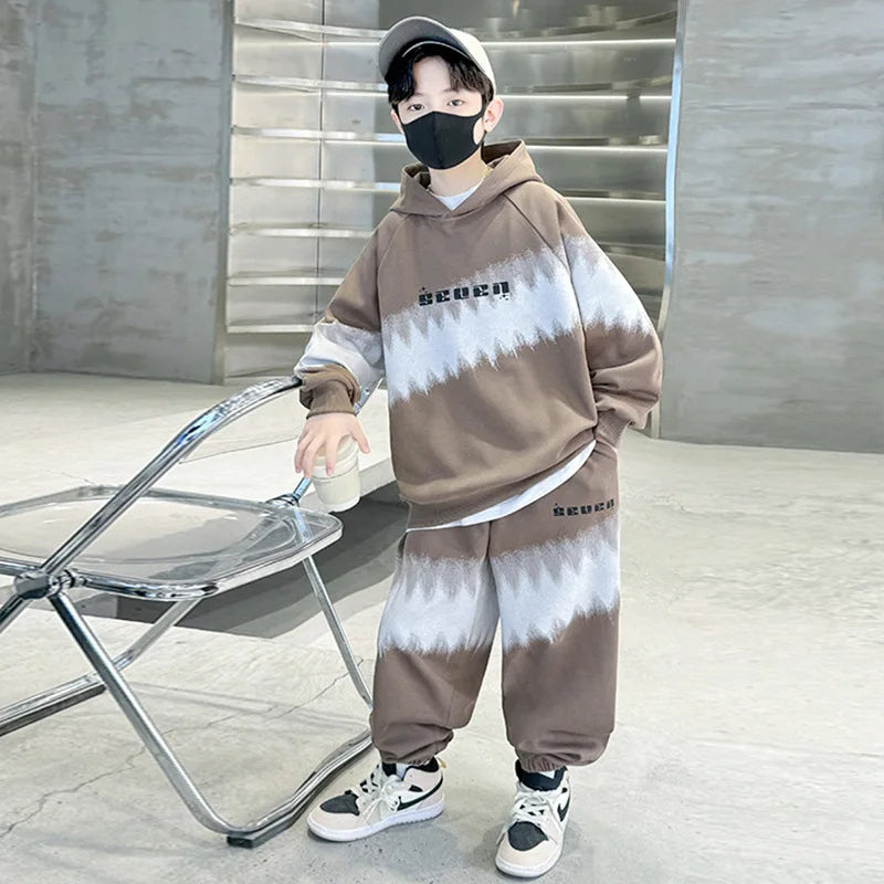 Spring Autumn Boys Contrast Tie Dye Workout Sweatshirt+Sweatpant Sets School Kids 2PCS Tracksuit Children Jogging Outfits 5-16Yr