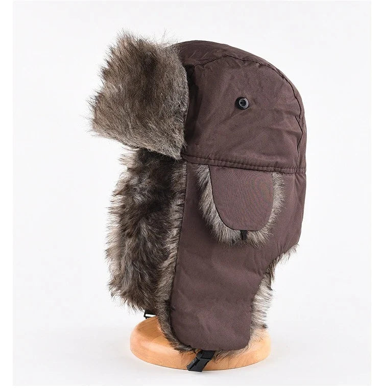 Men's Warm Soldier Hat Winter Pilot Patrolman Earmuffs Polyester Fiber Warm Russian Ski Hat Windproof Cold Pilot Hats