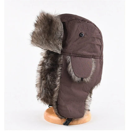 Men's Warm Soldier Hat Winter Pilot Patrolman Earmuffs Polyester Fiber Warm Russian Ski Hat Windproof Cold Pilot Hats
