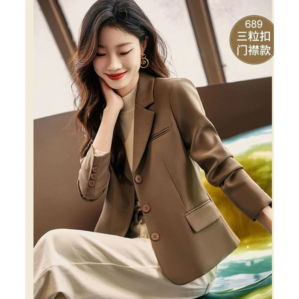 Coffee Small Blazer Jacket Spring Autumn Women Short Suit Coat Korean Casual Long Sleeve Single Breasted Blazers Solid Short Top