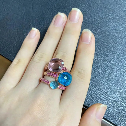 3Pcs/Set Nudo Ring Stacking Set for Women Mix Color Candy Crystal Inlay Zircon Amethyst Blue Topaz Round Jewelry Gift