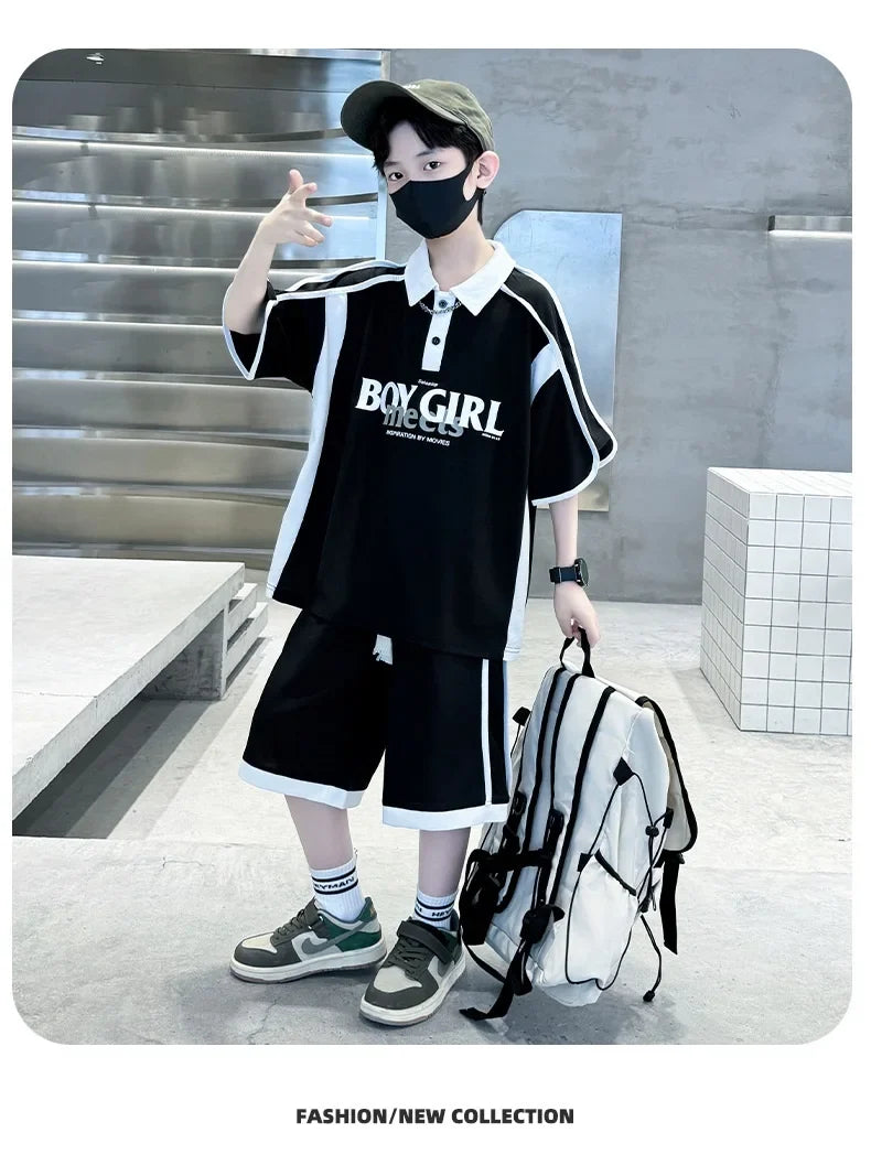 Summer Boys Patchwork Alphabet Preppy T-Shirt Tops+Drawstring Shorts Pant Set School Kids 2PCS Tracksuit Children Outfits 5-16Yr