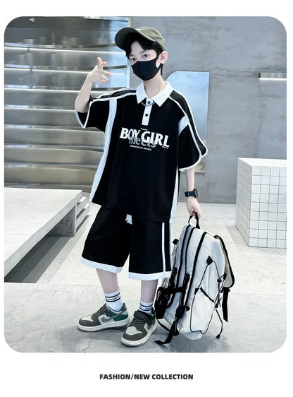 Summer Boys Patchwork Alphabet Preppy T-Shirt Tops+Drawstring Shorts Pant Set School Kids 2PCS Tracksuit Children Outfits 5-16Yr
