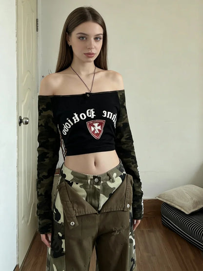 Women Brown Camouflage Patchwork Ripped Cargo Jeans Harajuku Vintage Baggy Denim Trousers Japanese 2000s Y2k Ripped Jeans Pants
