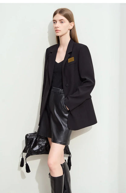 Minimalism Women's Blazers 2025 Autumn New Lapel Collar Shoulder Pad Fashion Slit Mid-length Basic Female Jackets 12443096