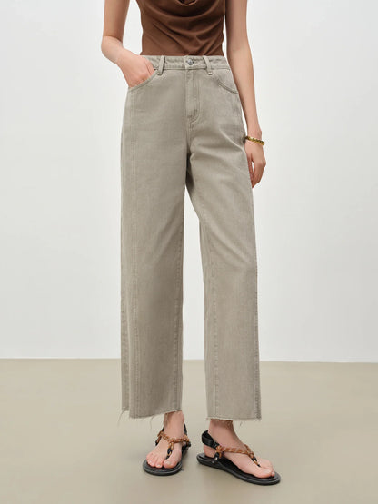 Patchwork Design Straight Ankle-length Jeans Frayed Edges Women's Spring 2026 New Arrivals Commuting Basics