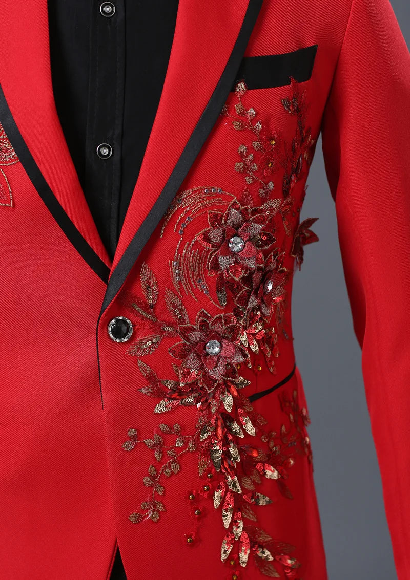 Host Singer Stage Nightclub Bar Performance Dress Set,Three-dimensional Double-sided Flower and Diamond Inlaid Men Suits 2-piece