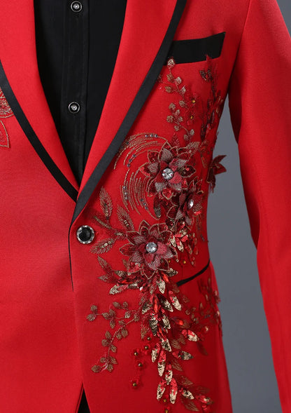 Host Singer Stage Nightclub Bar Performance Dress Set,Three-dimensional Double-sided Flower and Diamond Inlaid Men Suits 2-piece