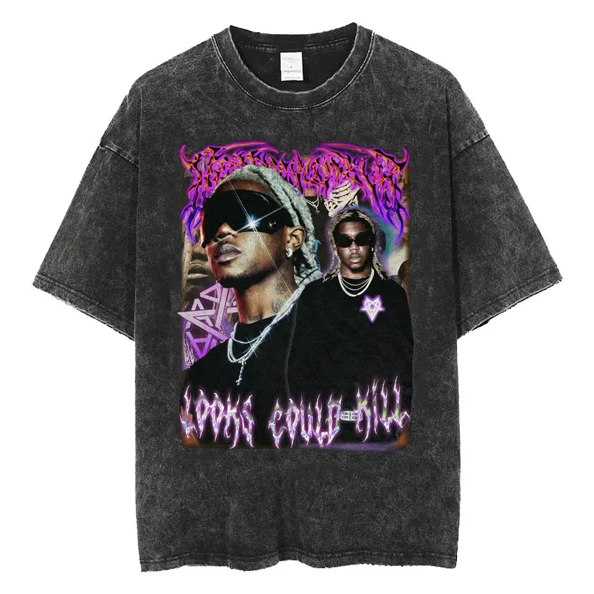 Retro Washed Playboi Carti I AM MUSIC Logo T Shirt Opium Ken Carson Narcissist Tour Antagonist Rap T-shirts Men's Oversized Tees