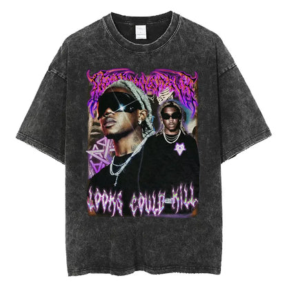 Retro Washed Playboi Carti I AM MUSIC Logo T Shirt Opium Ken Carson Narcissist Tour Antagonist Rap T-shirts Men's Oversized Tees