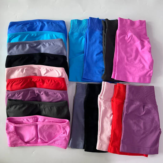 No Logo Women 2 Pieces Yoga Set Backless Bandeau Sports Bra Scrunch Shorts Yoga Clothing Gym Set Workout Clothes Outfits Sets