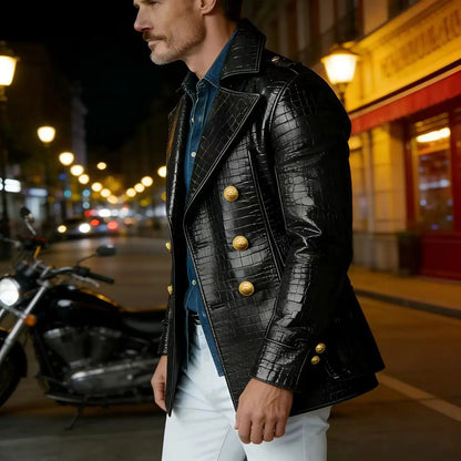 Men's Crocodile Embossed Leather Peacoat Double Breasted Gold Button Jacket Luxury Casual Overcoat