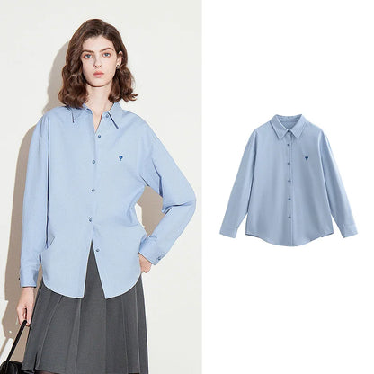 Women Blouse Shirt 2025 Spring New Love Embroidered Simple and Versatile Solid Color Pure Cotton Shirt Tops