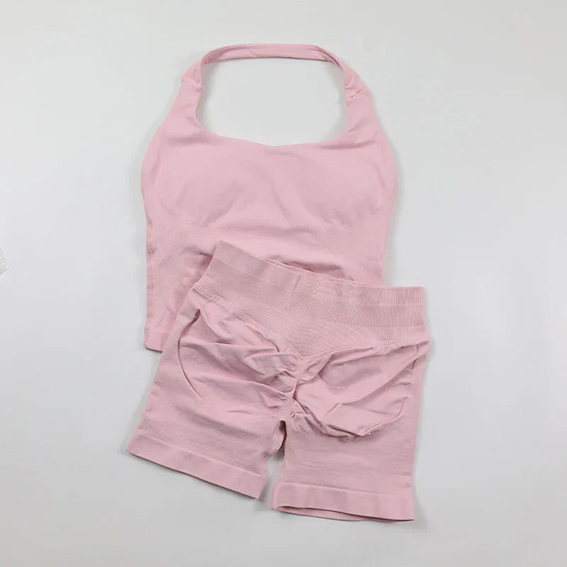 Seamless Yoga Set Womens Backless Halter Tank Top Ribbed Waist Gym Shorts 2 Piece Sets Women Outfit Workout Clothes