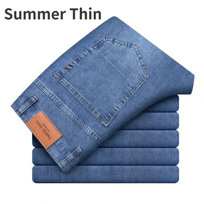 2024 Brand Thin or Thick Material Straight Cotton Stretch Denim Men's  Business Casual High Waist Light Grey Blue Jeans
