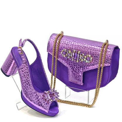 Italian Shoes and Bags Matching Set 2024 Women Heel Party for Silver Colour Italian Design Wedding Bigger Size Shoes