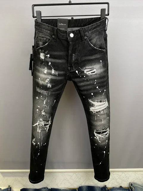 Men Jeans Denim Pants Hole Slim Pencil Trousers Metal Buttons Party Classics Fashionable Black DSQ2 JENAS