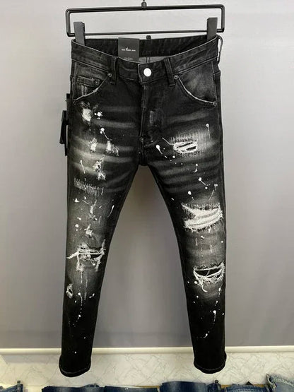 Men Jeans Denim Pants Hole Slim Pencil Trousers Metal Buttons Party Classics Fashionable Black DSQ2 JENAS