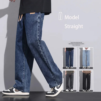 Men Dark Blue Blue Stretch Elastic Waist Denim Pants Streetwear Loose Full Length Trousers Straight Wide Leg Drawstring Jeans