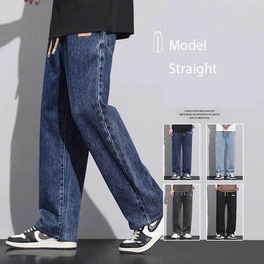 Men Dark Blue Blue Stretch Elastic Waist Denim Pants Streetwear Loose Full Length Trousers Straight Wide Leg Drawstring Jeans