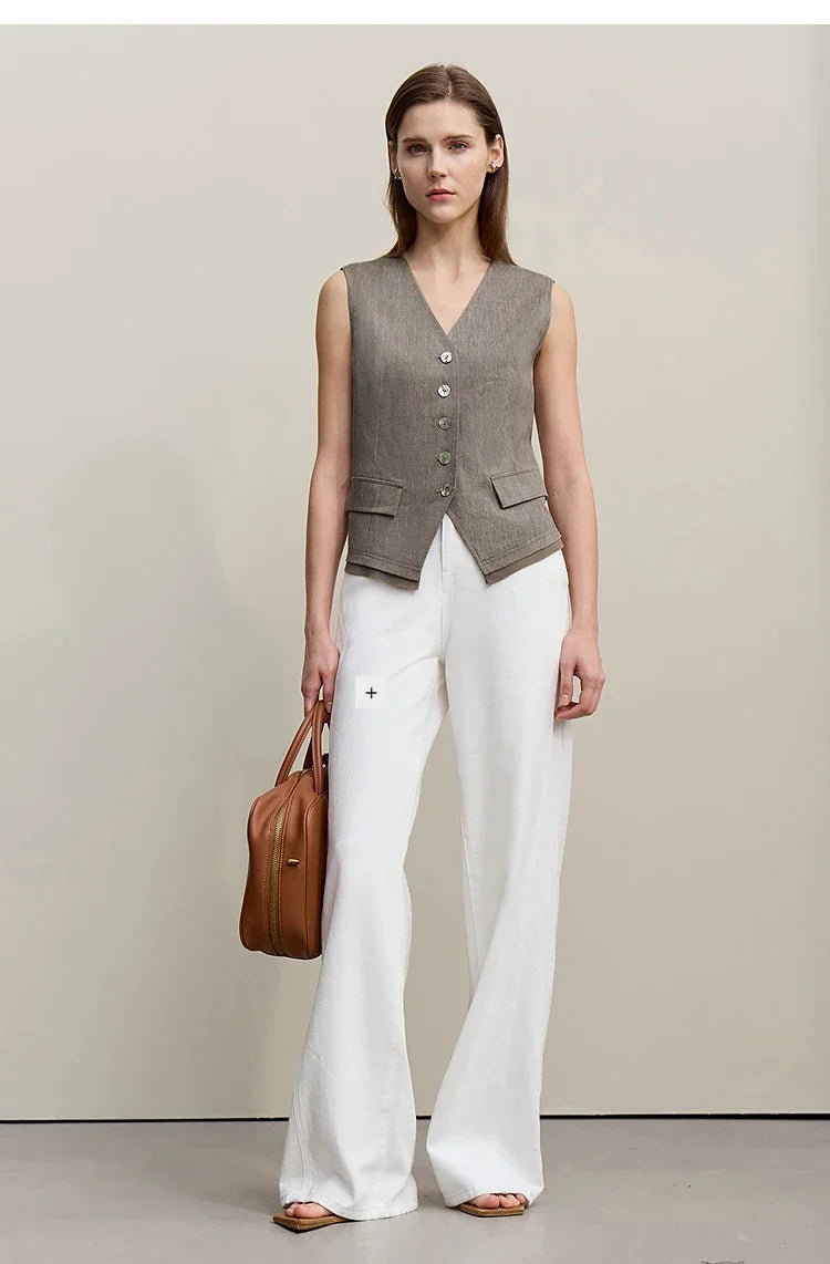 V-Neck Women's Vest Top 2026 Summer New Single Breasted Chiffon Patchwork Hem Sleeveless Blouse Casual Short Tank 12622042