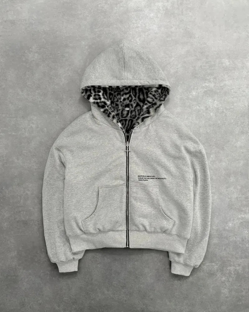 Hip-hop New Two-sided Clothing Harajuku Retro Leopard Print Fashionable Loose Zipper Hoodie Men Street Casual Sweatshirt Women
