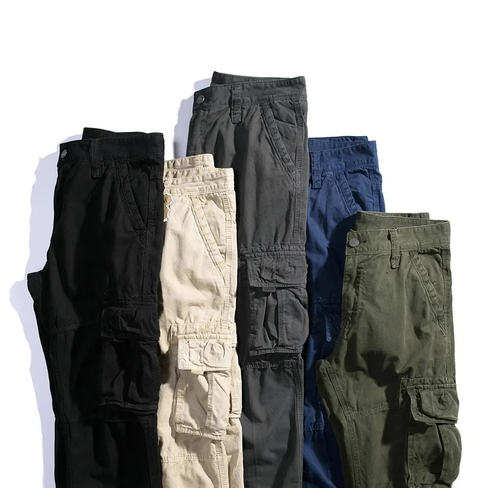 Casual Pants Men Straight Leg Cotton Cargo Trouser Male Multi Pocket Work Fishing Wear Military Style Summer Spring Khaki Black