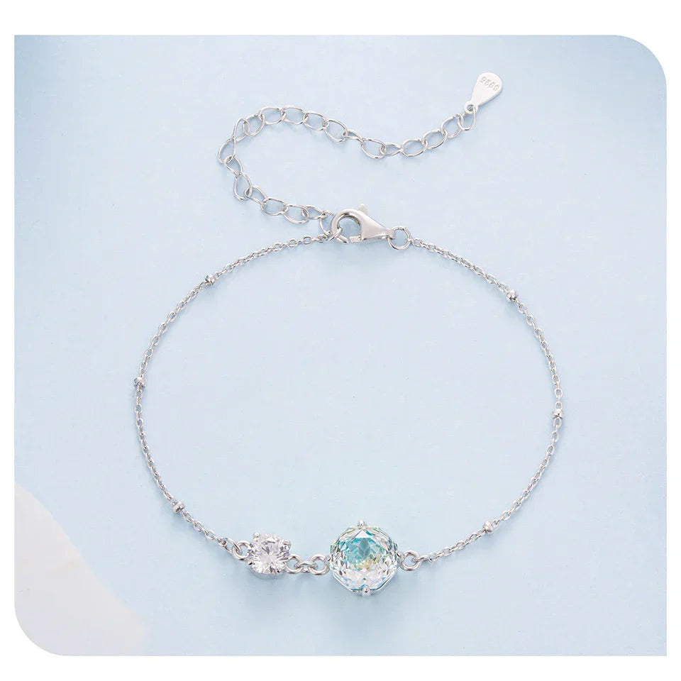 925 Sterling Silver Rainbow CZ Bracelet with Crystal Rose-Cut Flower Charm Adjustable Link Chain for Women Wrist Decor