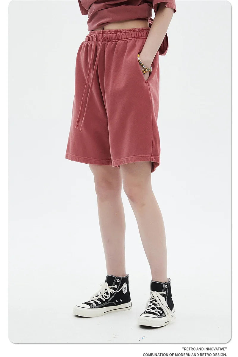 Fashion Summer Men 420gsm Washed Cotton Shorts Retro Unisex High Street Terry Knee Length Short Pants Streetwears HY0845
