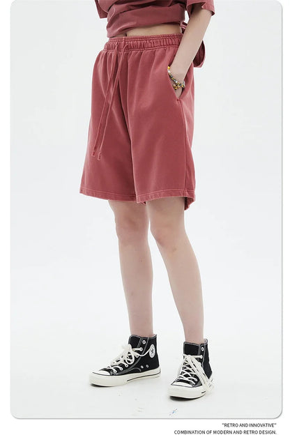 Fashion Summer Men 420gsm Washed Cotton Shorts Retro Unisex High Street Terry Knee Length Short Pants Streetwears HY0845