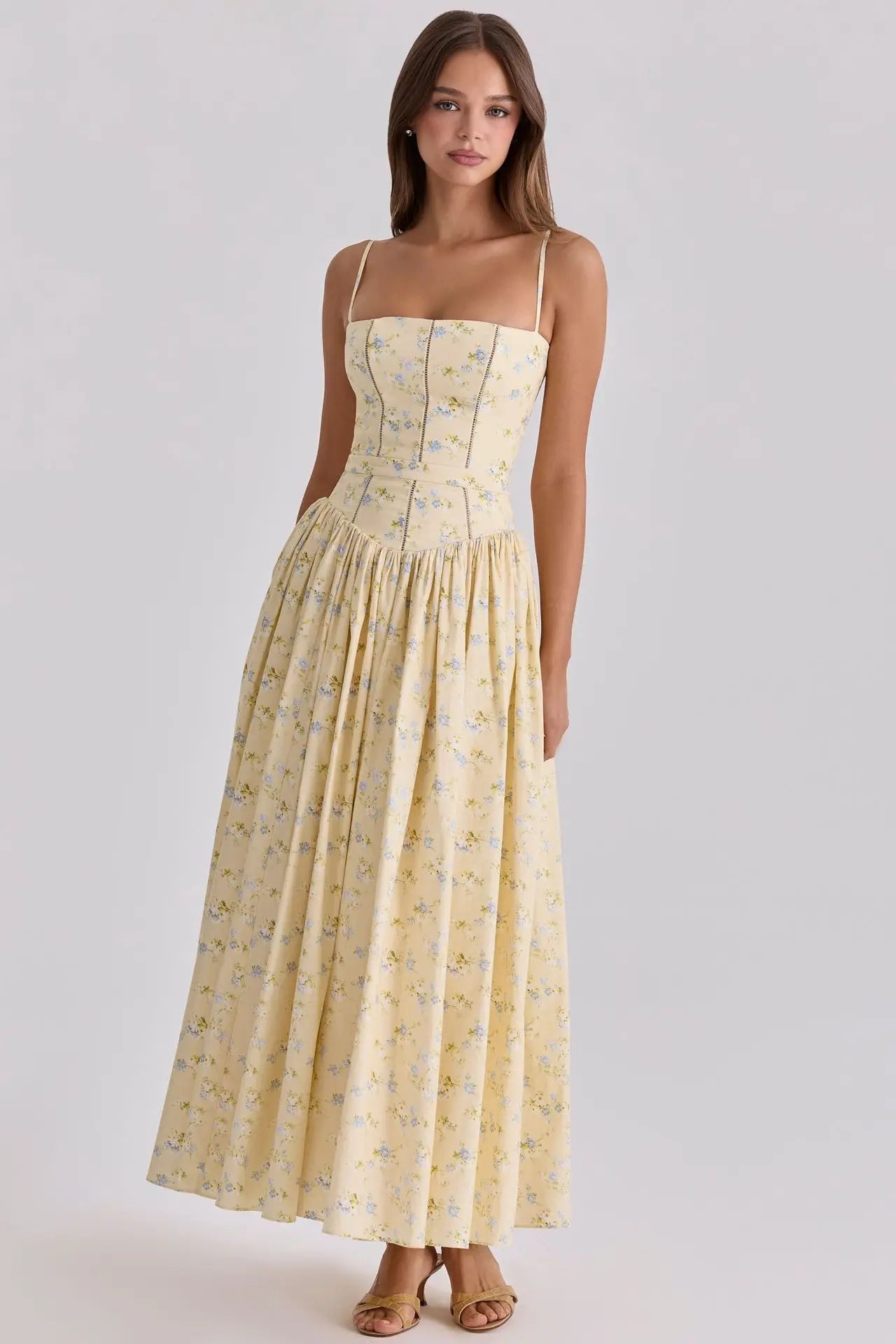 Summer Floral Print Spaghetti Strap Midi Dress Women Party Dress Elegant Vintage Holiday Beach Wear Dress
