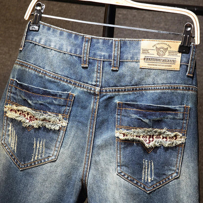 Streetwear Men's Ripped Denim Shorts Straight Slim Fashion Hip Hop Short Pants Big Hole Vintage Knee Length Jeans