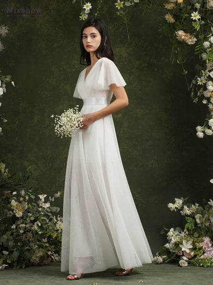 Simple Beach Ivory Wedding Dresses For Women A-Line Puffer Short Sleeve V-Neck Pleat Tulle Open Back Bridal Prom Gowns With Belt
