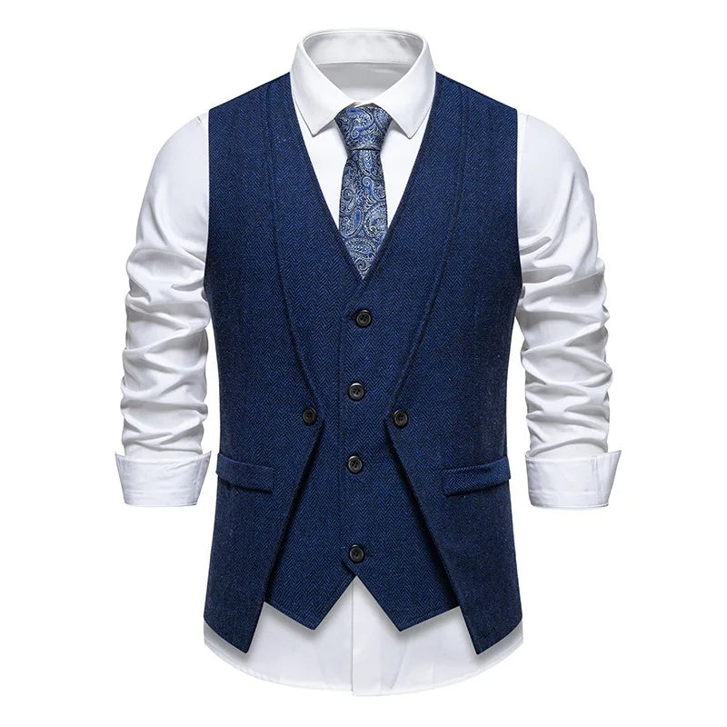 Waistcoat Man British Style Turn Down Collar Men Vest Slim Solid Double-breasted Sleeveless Versatile Male Suit Vest