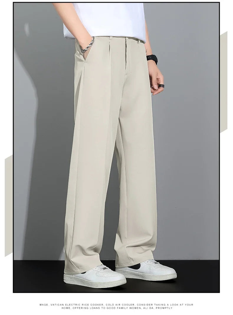 Men's 2026 Summer Korean Style Loose Straight Leg Draping Lightweight Casual Pants Slacks Khaki Dark Gray Black Trousers Male